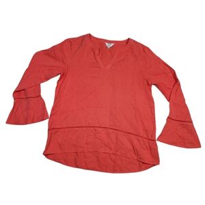 Crown & Ivy Petite Tunic Shirt Bell Cuff Split V Neck Popover Coral Small Tencel